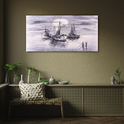 Moon night sea ships Glass Wall Art