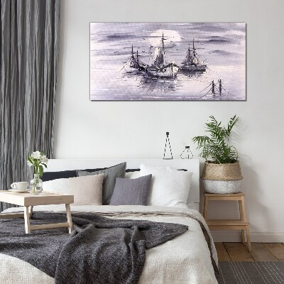 Moon night sea ships Glass Wall Art