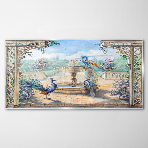 Landscape with a peacock and a fountain Wall art on glass