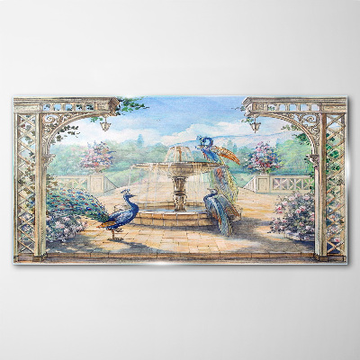 Landscape with a peacock and a fountain Wall art on glass