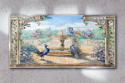 Landscape with a peacock and a fountain Wall art on glass