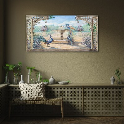 Landscape with a peacock and a fountain Wall art on glass