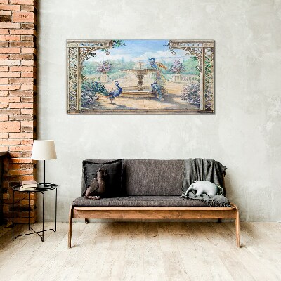Landscape with a peacock and a fountain Wall art on glass