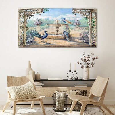 Landscape with a peacock and a fountain Wall art on glass