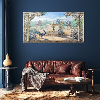 Landscape with a peacock and a fountain Wall art on glass