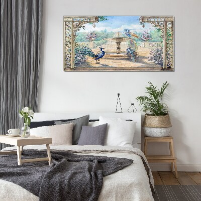 Landscape with a peacock and a fountain Wall art on glass