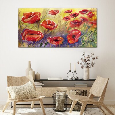 Red poppies against the sun Glass art print