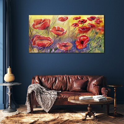 Red poppies against the sun Glass art print