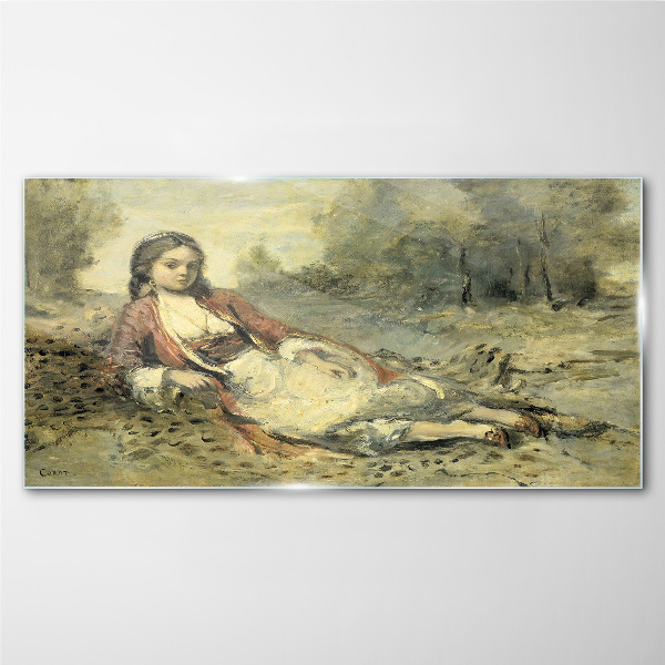 Portrait of a lying girl Glass art print