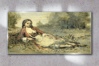 Portrait of a lying girl Glass art print