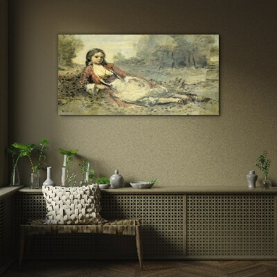 Portrait of a lying girl Glass art print