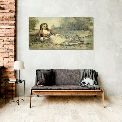 Portrait of a lying girl Glass art print