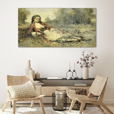 Portrait of a lying girl Glass art print