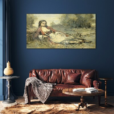 Portrait of a lying girl Glass art print