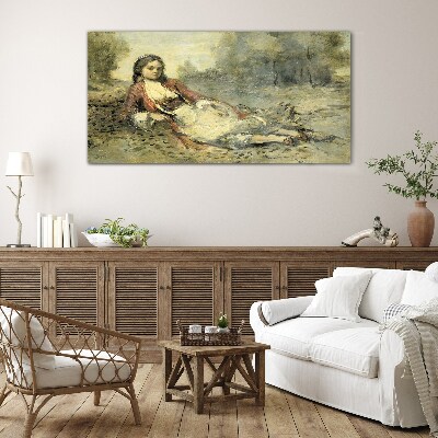 Portrait of a lying girl Glass art print