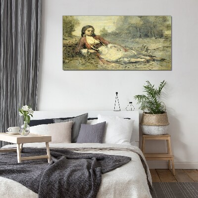 Portrait of a lying girl Glass art print