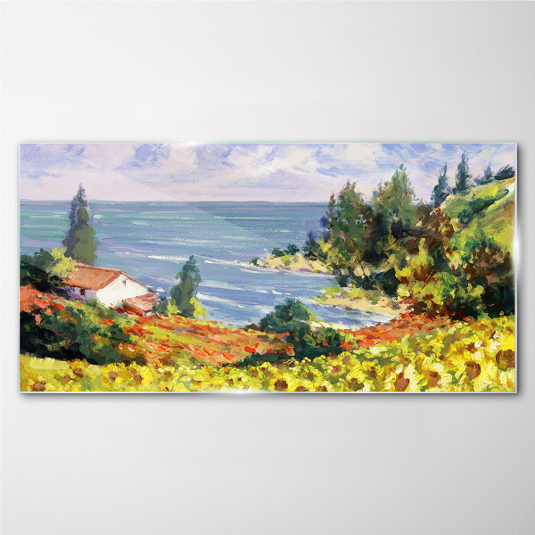 Seaside landscape with a house Wall art on glass