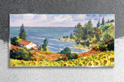 Seaside landscape with a house Wall art on glass