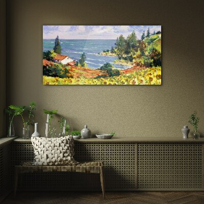 Seaside landscape with a house Wall art on glass