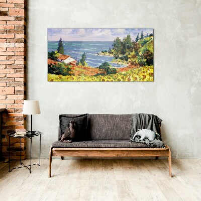 Seaside landscape with a house Wall art on glass