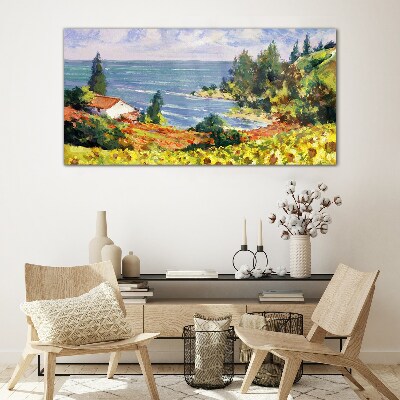 Seaside landscape with a house Wall art on glass