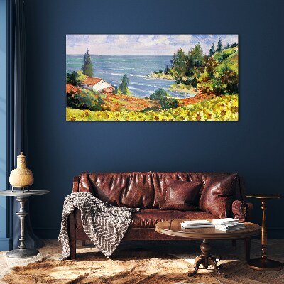 Seaside landscape with a house Wall art on glass
