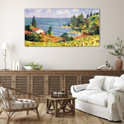 Seaside landscape with a house Wall art on glass