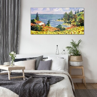 Seaside landscape with a house Wall art on glass