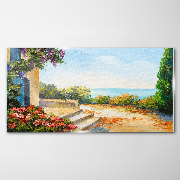 Seaside landscape with flowers Glass art print