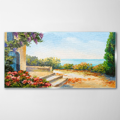 Seaside landscape with flowers Glass art print