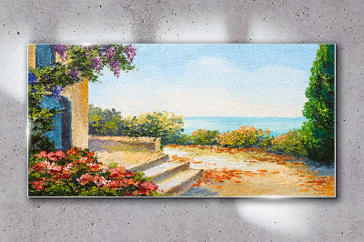 Seaside landscape with flowers Glass art print