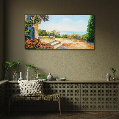 Seaside landscape with flowers Glass art print
