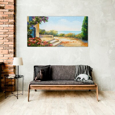 Seaside landscape with flowers Glass art print