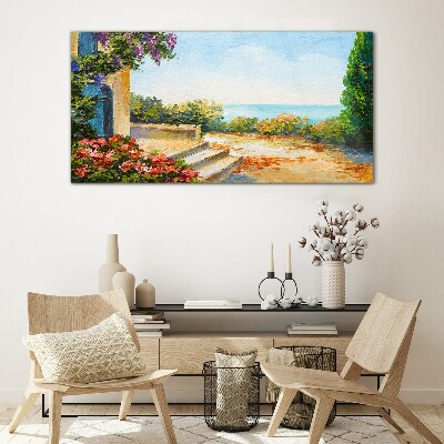Seaside landscape with flowers Glass art print