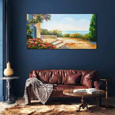 Seaside landscape with flowers Glass art print