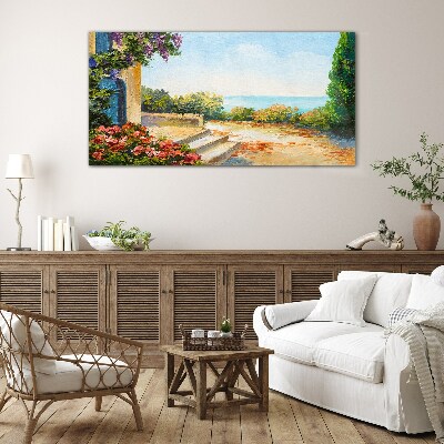 Seaside landscape with flowers Glass art print