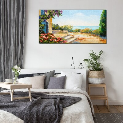 Seaside landscape with flowers Glass art print