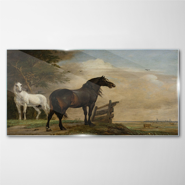 A peaceful landscape with horses Wall art on glass