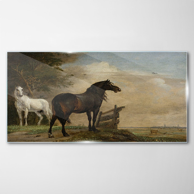 A peaceful landscape with horses Wall art on glass