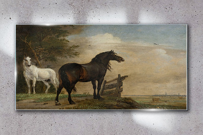 A peaceful landscape with horses Wall art on glass