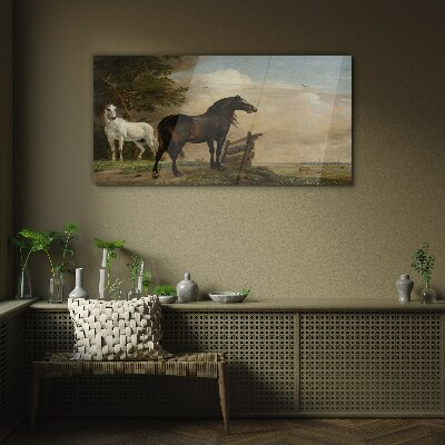 A peaceful landscape with horses Wall art on glass
