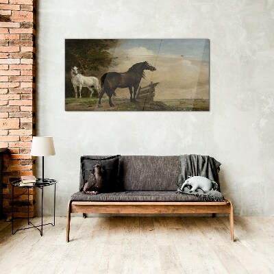 A peaceful landscape with horses Wall art on glass