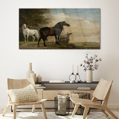 A peaceful landscape with horses Wall art on glass