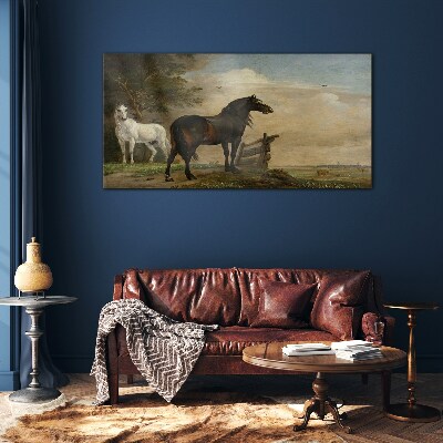 A peaceful landscape with horses Wall art on glass