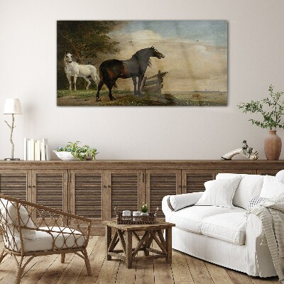 A peaceful landscape with horses Wall art on glass