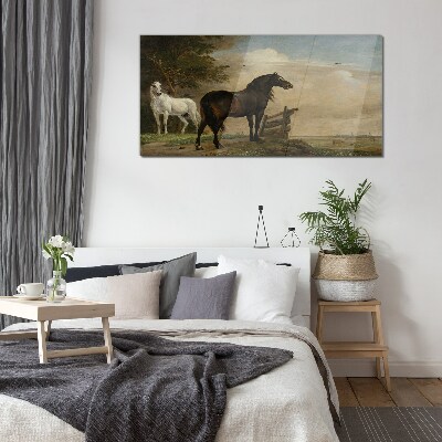 A peaceful landscape with horses Wall art on glass