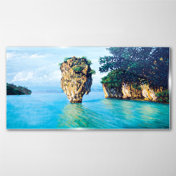 A quiet bay with a high rock Wall art on glass