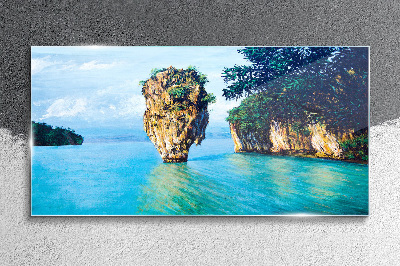 A quiet bay with a high rock Wall art on glass