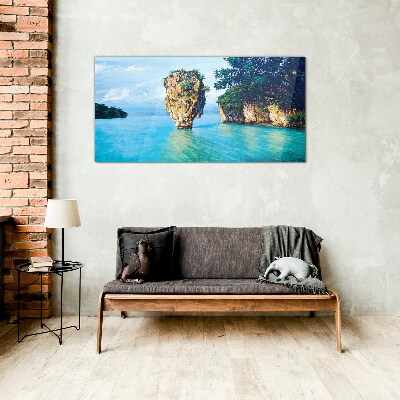 A quiet bay with a high rock Wall art on glass