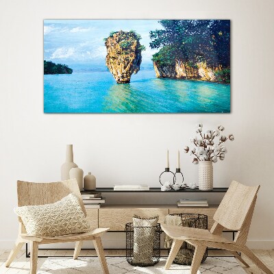 A quiet bay with a high rock Wall art on glass